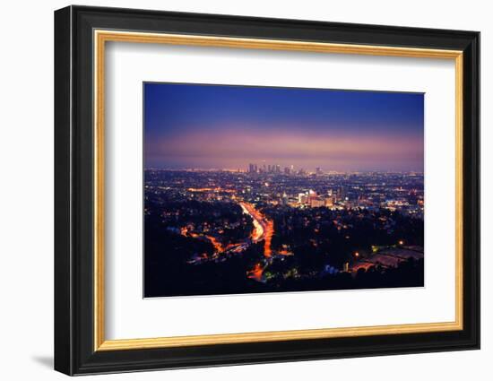 Los Angeles Skyline at Night, View from Hollywood Hills towards 101 Freeway and Downtown.-logoboom-Framed Photographic Print