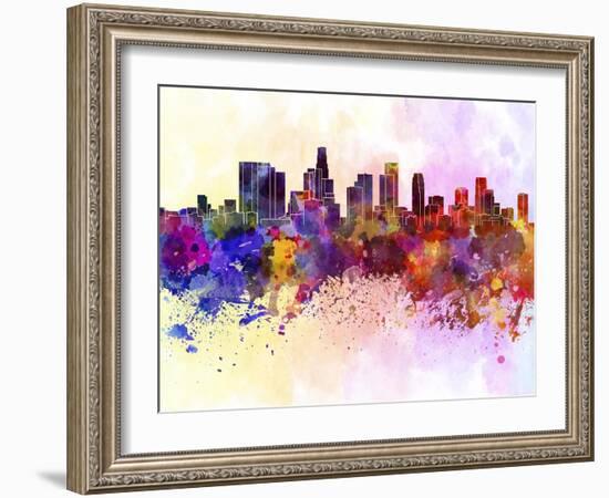 Los Angeles Skyline in Watercolor Background-paulrommer-Framed Art Print