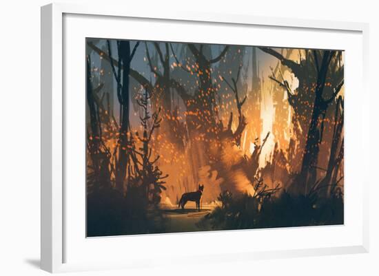 Lost Dog in the Forest with Mystic Light,Illustration Painting-Tithi Luadthong-Framed Art Print