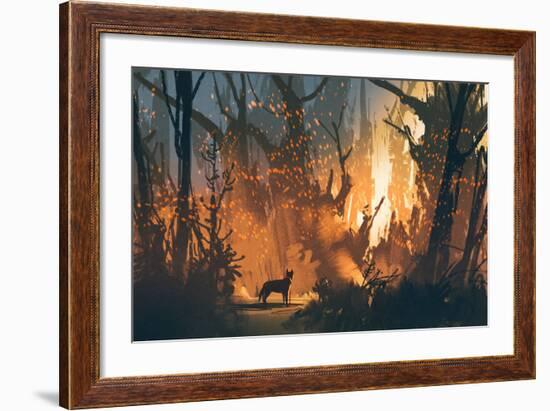 Lost Dog in the Forest with Mystic Light,Illustration Painting-Tithi Luadthong-Framed Art Print