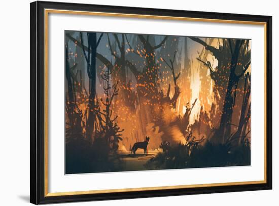 Lost Dog in the Forest with Mystic Light,Illustration Painting-Tithi Luadthong-Framed Art Print