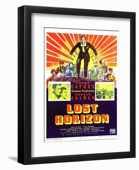 LOST HORIZON, top center: Ronald Colman, bottom left: Ronald Colman on window card, 1937.-null-Framed Premium Giclee Print