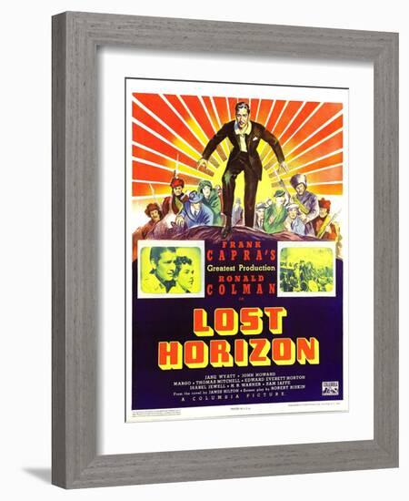 LOST HORIZON, top center: Ronald Colman, bottom left: Ronald Colman on window card, 1937.-null-Framed Art Print