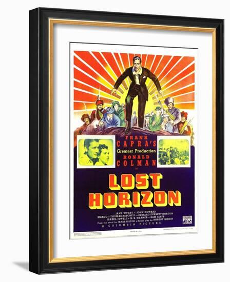 LOST HORIZON, top center: Ronald Colman, bottom left: Ronald Colman on window card, 1937.-null-Framed Art Print