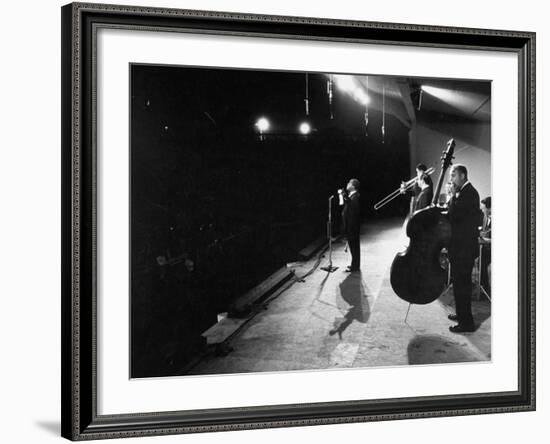 Louis Armstrong Performing at the Monterey Jazz Festival-null-Framed Premium Photographic Print