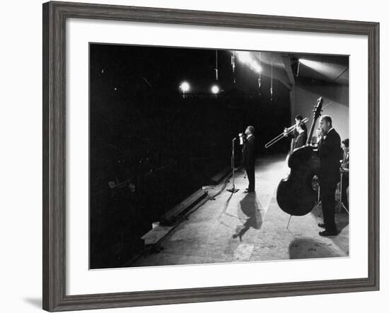 Louis Armstrong Performing at the Monterey Jazz Festival-null-Framed Premium Photographic Print