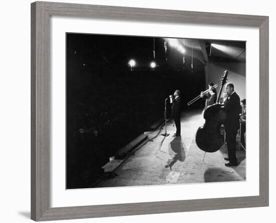 Louis Armstrong Performing at the Monterey Jazz Festival-null-Framed Premium Photographic Print