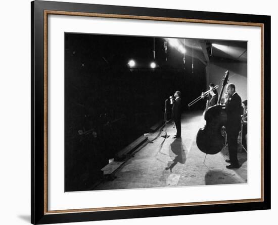 Louis Armstrong Performing at the Monterey Jazz Festival-null-Framed Premium Photographic Print