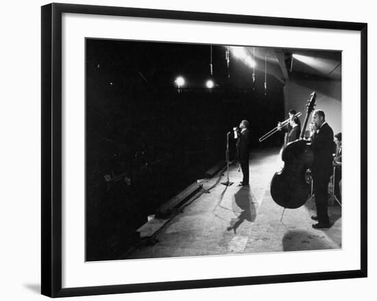 Louis Armstrong Performing at the Monterey Jazz Festival-null-Framed Premium Photographic Print