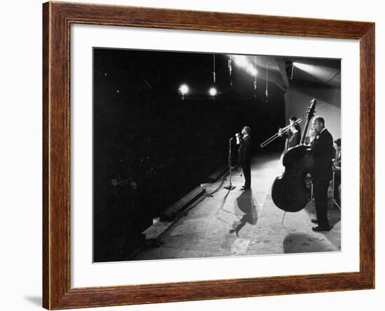 Louis Armstrong Performing at the Monterey Jazz Festival-null-Framed Premium Photographic Print