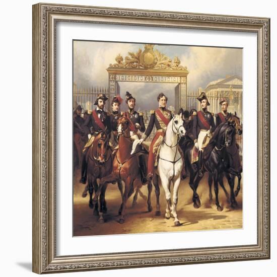 Louis-Philippe and His Sons on Horseback in Front of the Bar of the Chateau De Versailles-Horace Vernet-Framed Art Print