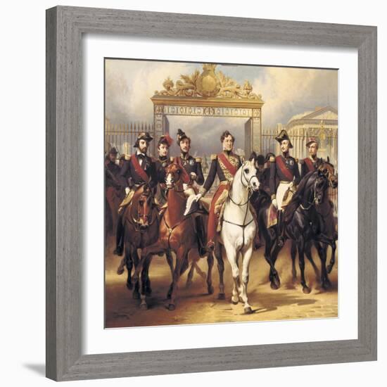 Louis-Philippe and His Sons on Horseback in Front of the Bar of the Chateau De Versailles-Horace Vernet-Framed Art Print