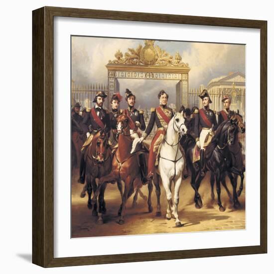 Louis-Philippe and His Sons on Horseback in Front of the Bar of the Chateau De Versailles-Horace Vernet-Framed Art Print