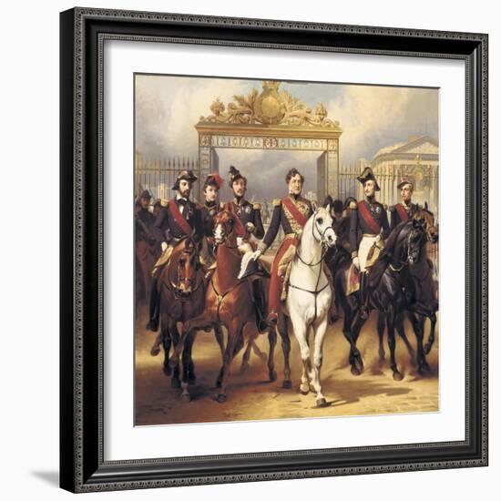 Louis-Philippe and His Sons on Horseback in Front of the Bar of the Chateau De Versailles-Horace Vernet-Framed Art Print