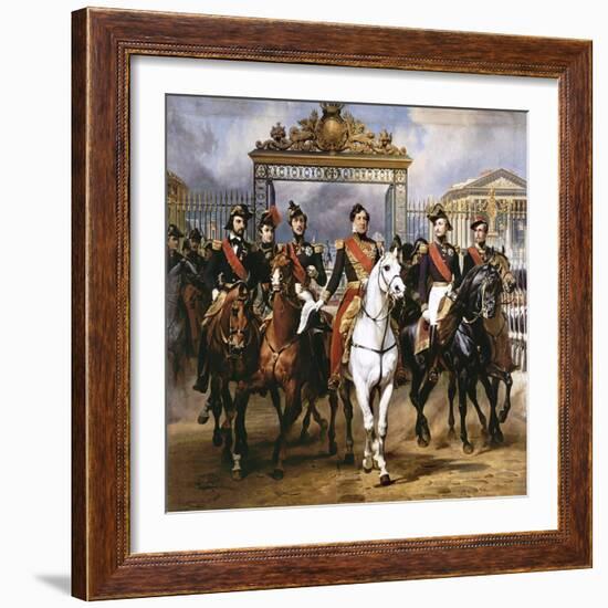 Louis Philippe Und Seine Soehne Zu Pferde Beim Verlassen Von Schloss Versailles-Horace Vernet-Framed Giclee Print