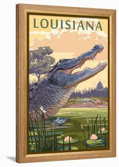 Louisiana - Alligator and Baby-Lantern Press-Framed Stretched Canvas