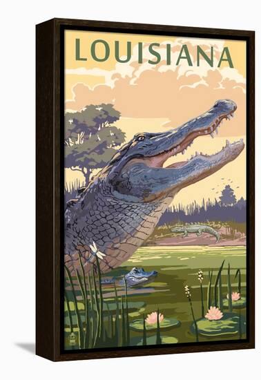 Louisiana - Alligator and Baby-Lantern Press-Framed Stretched Canvas