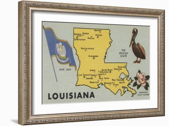 Louisiana - Detailed Map of State-Lantern Press-Framed Art Print