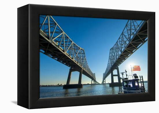 Louisiana, New Orleans, Twin Cantilever Bridges, Mississippi River, Tugboat-John Coletti-Framed Premier Image Canvas