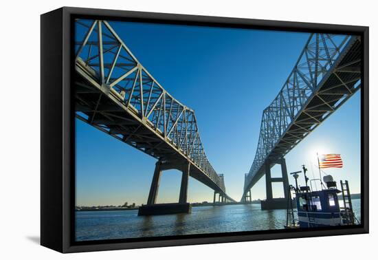 Louisiana, New Orleans, Twin Cantilever Bridges, Mississippi River, Tugboat-John Coletti-Framed Premier Image Canvas