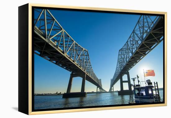 Louisiana, New Orleans, Twin Cantilever Bridges, Mississippi River, Tugboat-John Coletti-Framed Premier Image Canvas