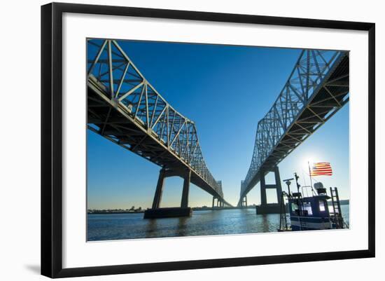 Louisiana, New Orleans, Twin Cantilever Bridges, Mississippi River, Tugboat-John Coletti-Framed Photographic Print