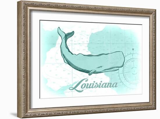 Louisiana - Whale - Teal - Coastal Icon-Lantern Press-Framed Art Print