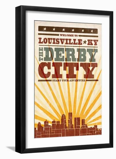 Louisville, Kentucky - Skyline and Sunburst Screenprint Style-Lantern Press-Framed Art Print
