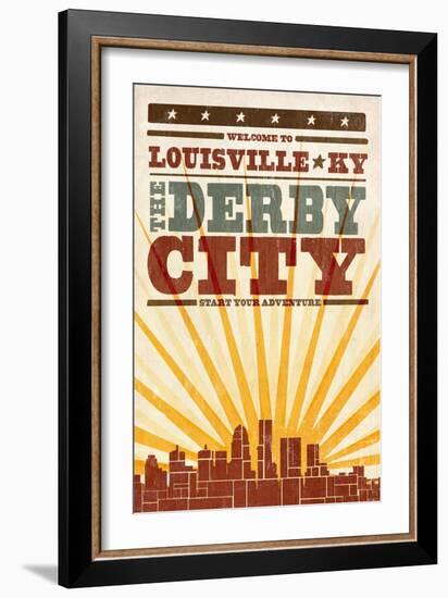 Louisville, Kentucky - Skyline and Sunburst Screenprint Style-Lantern Press-Framed Art Print