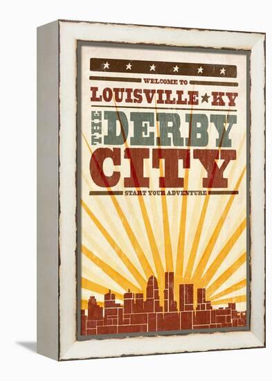 Louisville, Kentucky - Skyline and Sunburst Screenprint Style-Lantern Press-Framed Stretched Canvas