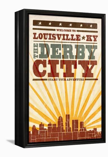 Louisville, Kentucky - Skyline and Sunburst Screenprint Style-Lantern Press-Framed Stretched Canvas