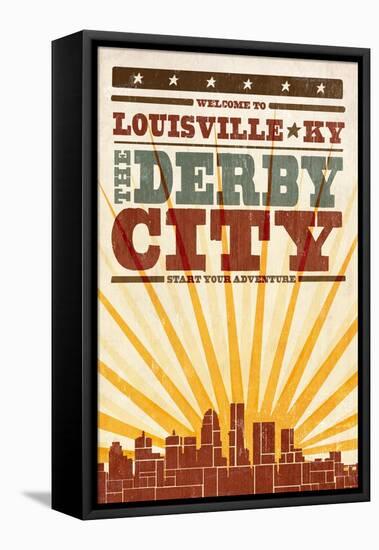 Louisville, Kentucky - Skyline and Sunburst Screenprint Style-Lantern Press-Framed Stretched Canvas