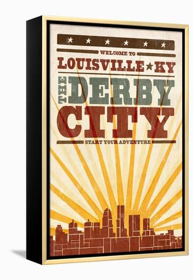 Louisville, Kentucky - Skyline and Sunburst Screenprint Style-Lantern Press-Framed Stretched Canvas