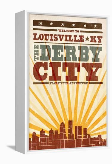 Louisville, Kentucky - Skyline and Sunburst Screenprint Style-Lantern Press-Framed Stretched Canvas