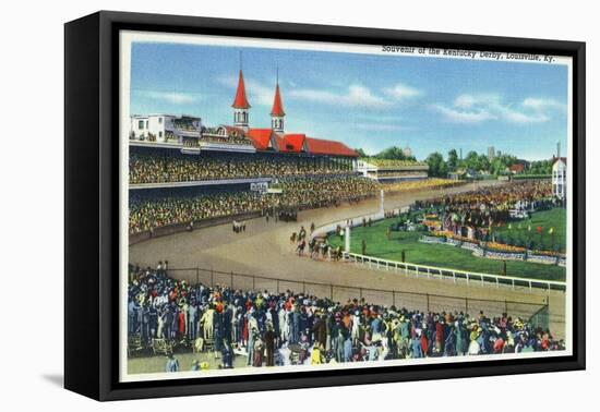Louisville, Kentucky - Souvenir of the Kentucky Derby; Race Scene-Lantern Press-Framed Stretched Canvas