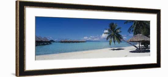 Lounge Chair under a Beach Umbrella, Moana Beach, Bora Bora, French Polynesia-null-Framed Photographic Print
