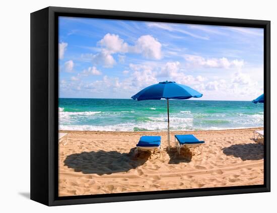 Lounge Chairs and Beach Umbrella on the Beach, Fort Lauderdale Beach, Florida, USA-null-Framed Stretched Canvas