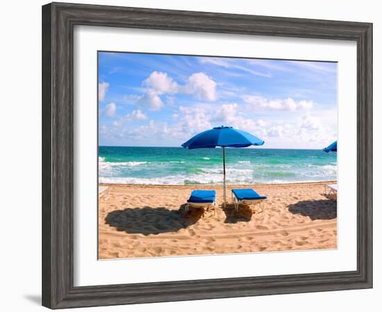 Lounge Chairs and Beach Umbrella on the Beach, Fort Lauderdale Beach, Florida, USA-null-Framed Photographic Print
