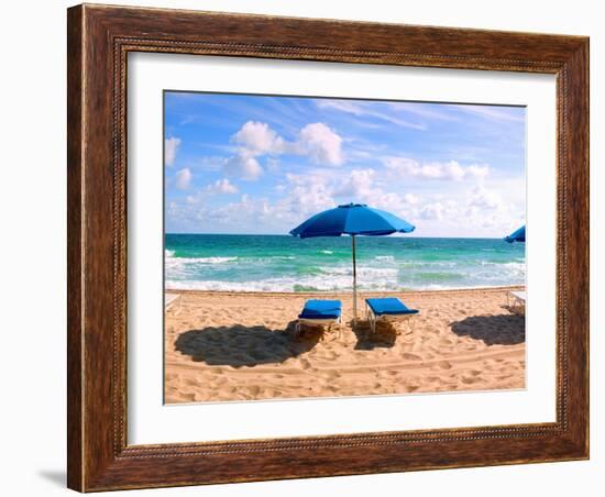 Lounge Chairs and Beach Umbrella on the Beach, Fort Lauderdale Beach, Florida, USA-null-Framed Photographic Print