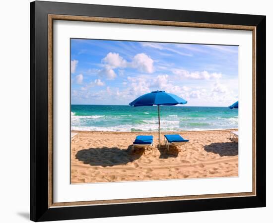 Lounge Chairs and Beach Umbrella on the Beach, Fort Lauderdale Beach, Florida, USA-null-Framed Photographic Print