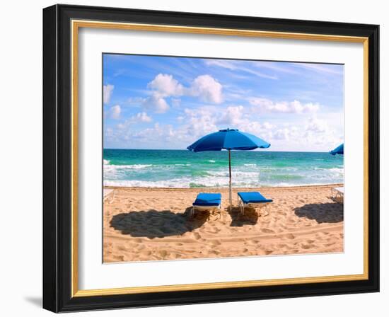 Lounge Chairs and Beach Umbrella on the Beach, Fort Lauderdale Beach, Florida, USA-null-Framed Photographic Print