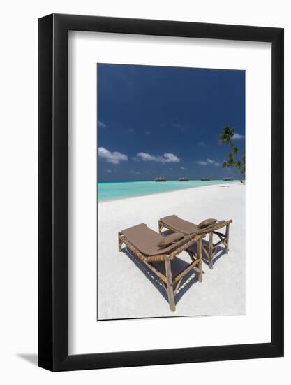 Lounge Chairs and Tropical Beach, Water Villas and Palm Trees, Maldives, Indian Ocean, Asia-Sakis Papadopoulos-Framed Photographic Print