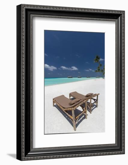 Lounge Chairs and Tropical Beach, Water Villas and Palm Trees, Maldives, Indian Ocean, Asia-Sakis Papadopoulos-Framed Photographic Print