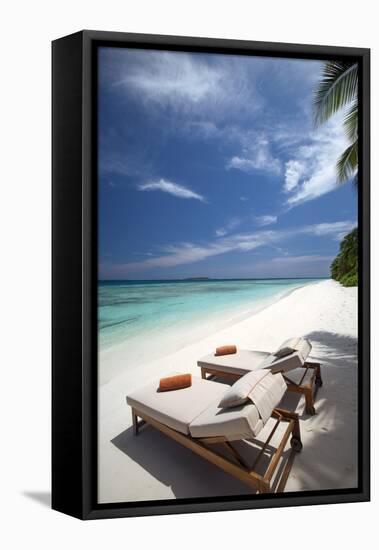 Lounge Chairs on Tropical Beach, Maldives, Indian Ocean, Asia-Sakis Papadopoulos-Framed Premier Image Canvas