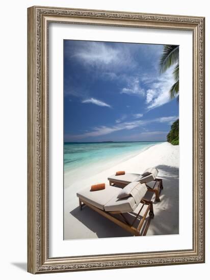 Lounge Chairs on Tropical Beach, Maldives, Indian Ocean, Asia-Sakis Papadopoulos-Framed Photographic Print