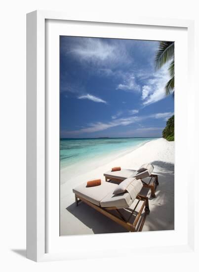 Lounge Chairs on Tropical Beach, Maldives, Indian Ocean, Asia-Sakis Papadopoulos-Framed Photographic Print