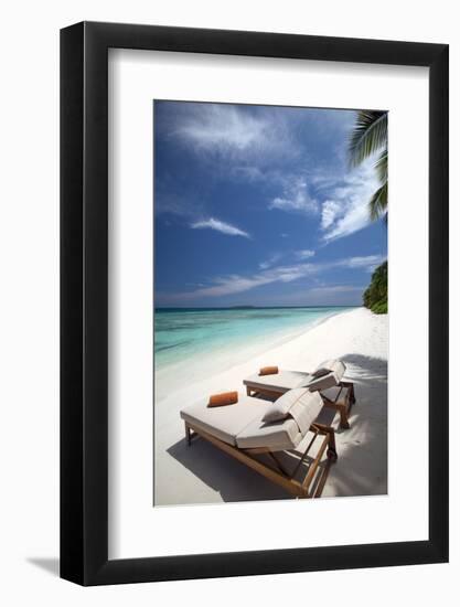 Lounge Chairs on Tropical Beach, Maldives, Indian Ocean, Asia-Sakis Papadopoulos-Framed Photographic Print