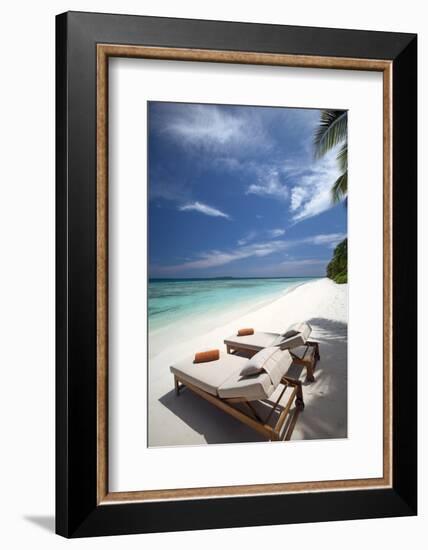 Lounge Chairs on Tropical Beach, Maldives, Indian Ocean, Asia-Sakis Papadopoulos-Framed Photographic Print