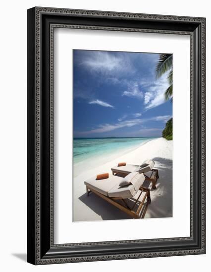 Lounge Chairs on Tropical Beach, Maldives, Indian Ocean, Asia-Sakis Papadopoulos-Framed Photographic Print
