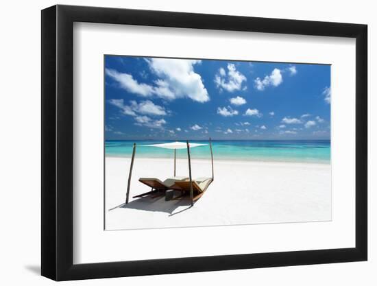 Lounge chairs on tropical white sandy beach, The Maldives, Indian Ocean, Asia-Sakis Papadopoulos-Framed Photographic Print